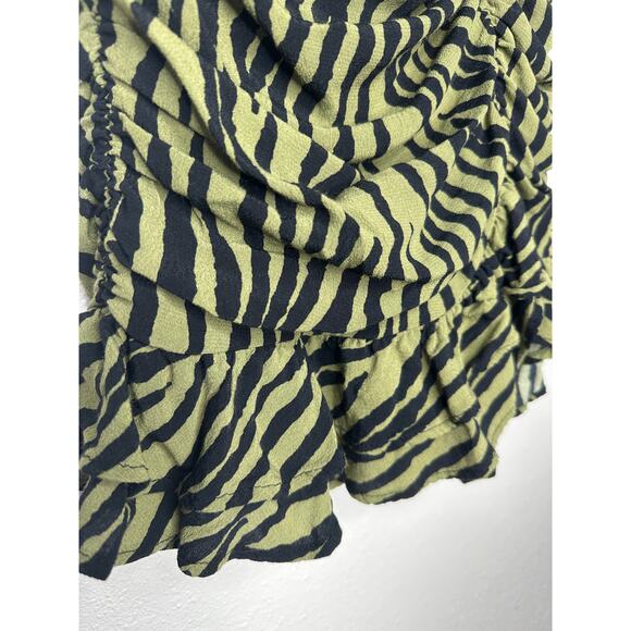 ZARA Green Zebra Print Ruched Mini Skirt XS Ruffle Hem Back Zip - Picture 6 of 15